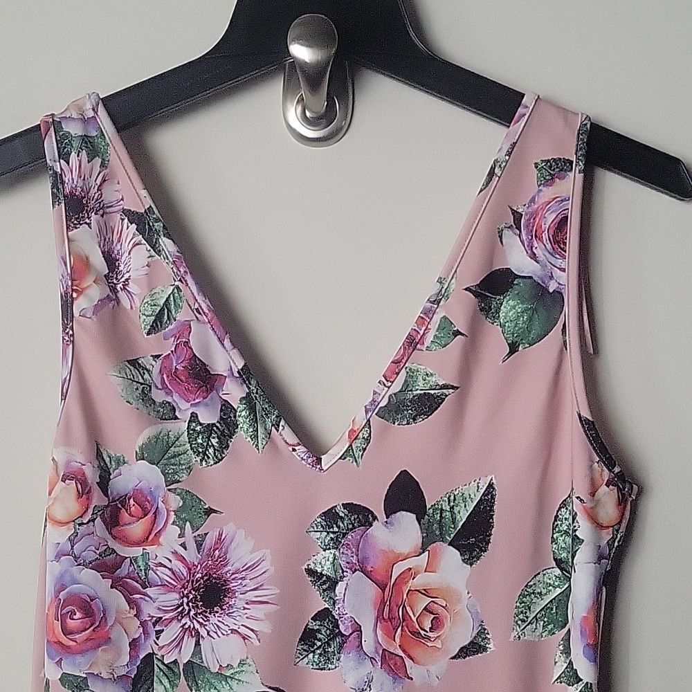 NWT Zara BodyCon Dress Pink Roses Floral Midi Sexy Fitted S Short Sleeve V Neck - Picture 8 of 8